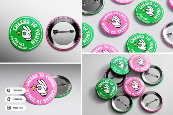 4 High Quality Pin Badge Mockup