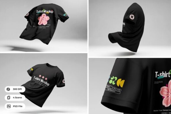 4 Realistic Floating T-Shirt Mockup